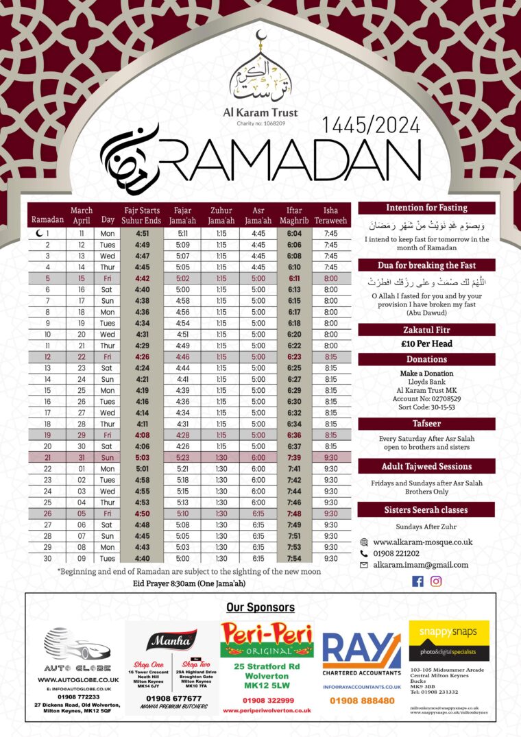 Prayer Timetable – Al Karam